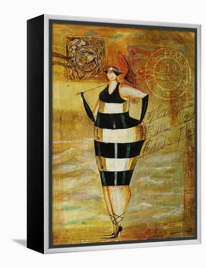 Vintage Beach Girl Black Stripes-Jennifer Garant-Framed Premier Image Canvas