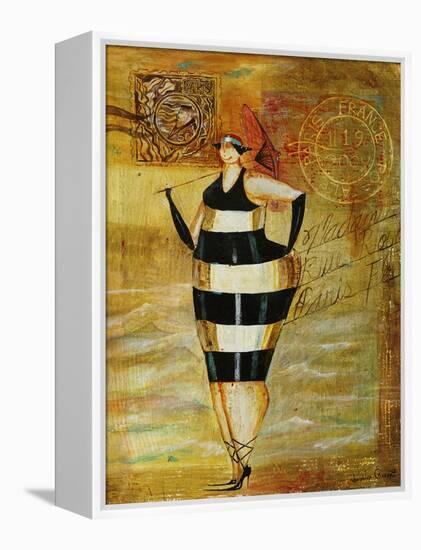 Vintage Beach Girl Black Stripes-Jennifer Garant-Framed Premier Image Canvas