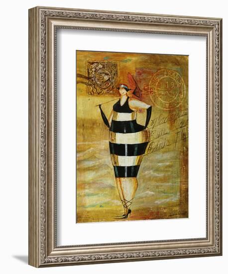 Vintage Beach Girl Black Stripes-Jennifer Garant-Framed Giclee Print