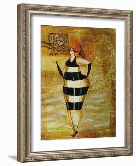 Vintage Beach Girl Black Stripes-Jennifer Garant-Framed Giclee Print