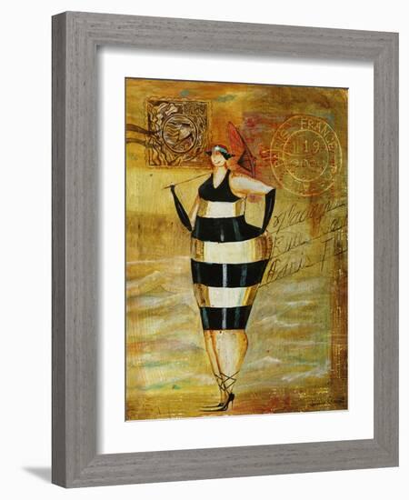 Vintage Beach Girl Black Stripes-Jennifer Garant-Framed Giclee Print