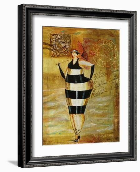 Vintage Beach Girl Black Stripes-Jennifer Garant-Framed Giclee Print