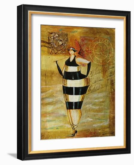 Vintage Beach Girl Black Stripes-Jennifer Garant-Framed Giclee Print