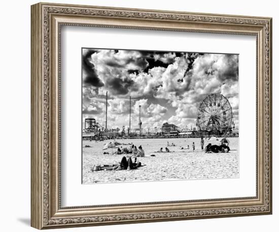 Vintage Beach, Wonder Wheel, Black and White Photography, Coney Island, Brooklyn, New York, US-Philippe Hugonnard-Framed Photographic Print