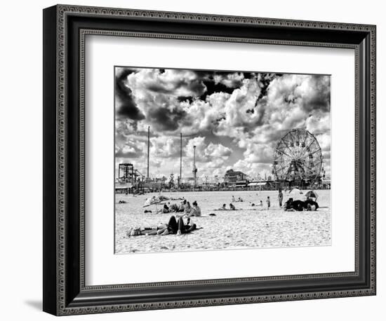 Vintage Beach, Wonder Wheel, Black and White Photography, Coney Island, Brooklyn, New York, US-Philippe Hugonnard-Framed Photographic Print