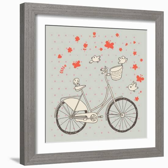 Vintage Bicycle in Vector. Retro Cartoon Card. Ecology Concept Background with Bike, Birds and Butt-smilewithjul-Framed Art Print