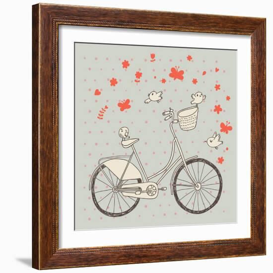 Vintage Bicycle in Vector. Retro Cartoon Card. Ecology Concept Background with Bike, Birds and Butt-smilewithjul-Framed Art Print