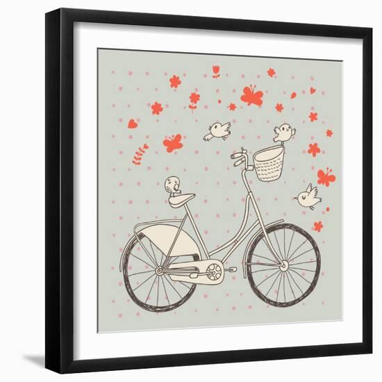 Vintage Bicycle in Vector. Retro Cartoon Card. Ecology Concept Background with Bike, Birds and Butt-smilewithjul-Framed Art Print