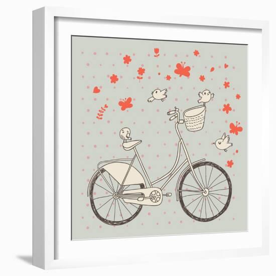 Vintage Bicycle in Vector. Retro Cartoon Card. Ecology Concept Background with Bike, Birds and Butt-smilewithjul-Framed Art Print