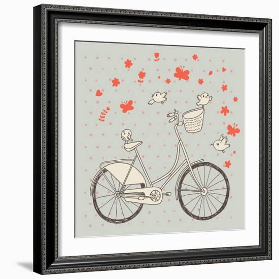 Vintage Bicycle in Vector. Retro Cartoon Card. Ecology Concept Background with Bike, Birds and Butt-smilewithjul-Framed Art Print