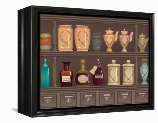 Vintage Bottles and Jars in the Pharmacy Cabinet-Milovelen-Framed Stretched Canvas