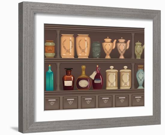 Vintage Bottles and Jars in the Pharmacy Cabinet-Milovelen-Framed Art Print