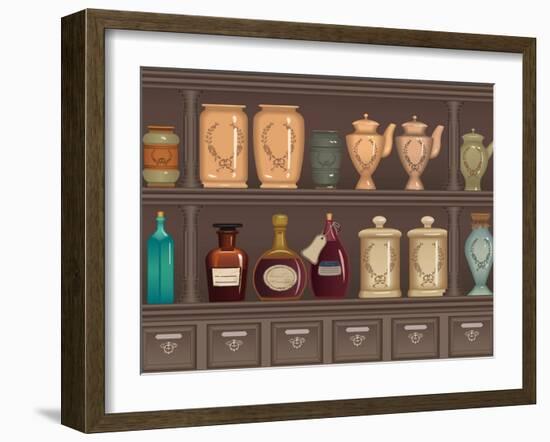Vintage Bottles and Jars in the Pharmacy Cabinet-Milovelen-Framed Art Print