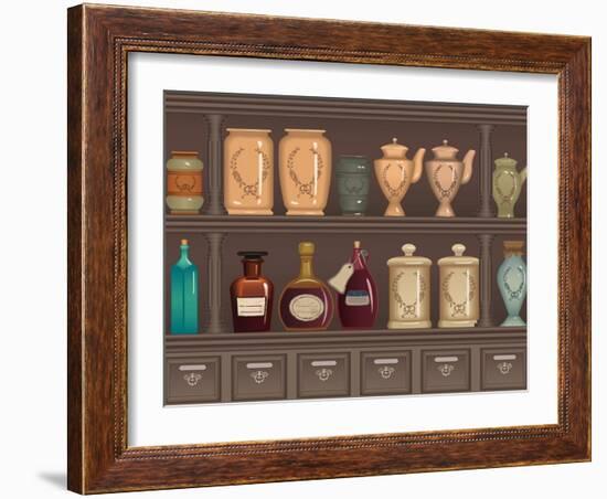 Vintage Bottles and Jars in the Pharmacy Cabinet-Milovelen-Framed Art Print