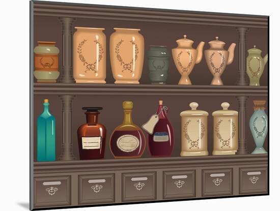 Vintage Bottles and Jars in the Pharmacy Cabinet-Milovelen-Mounted Art Print