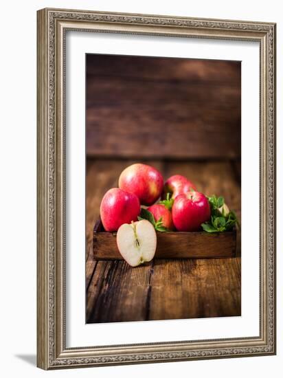 Vintage Box with Freshly Harvested Apples and Leaves-Marcin Jucha-Framed Photographic Print