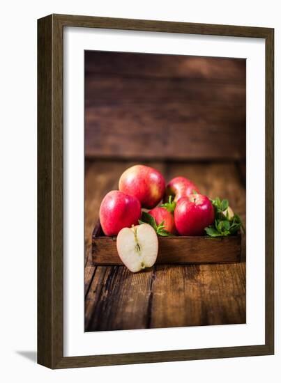 Vintage Box with Freshly Harvested Apples and Leaves-Marcin Jucha-Framed Photographic Print