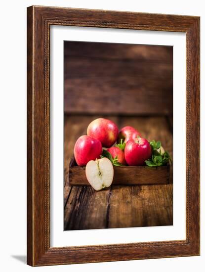 Vintage Box with Freshly Harvested Apples and Leaves-Marcin Jucha-Framed Photographic Print
