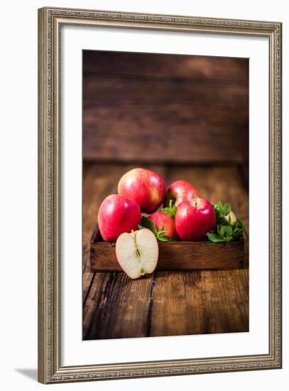 Vintage Box with Freshly Harvested Apples and Leaves-Marcin Jucha-Framed Photographic Print