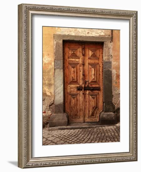 Vintage Brown Wood Medieval Door in Rural Stone House-felker-Framed Photographic Print