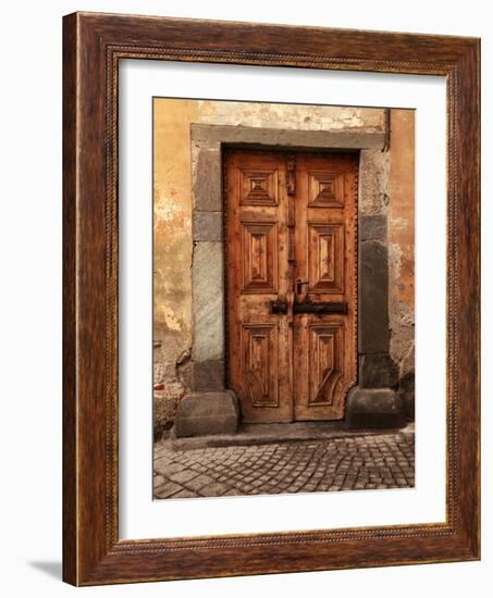 Vintage Brown Wood Medieval Door in Rural Stone House-felker-Framed Photographic Print