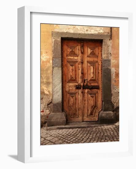 Vintage Brown Wood Medieval Door in Rural Stone House-felker-Framed Photographic Print