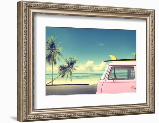 Vintage Car in the Beach with a Surfboard on the Roof-jakkapan-Framed Photographic Print