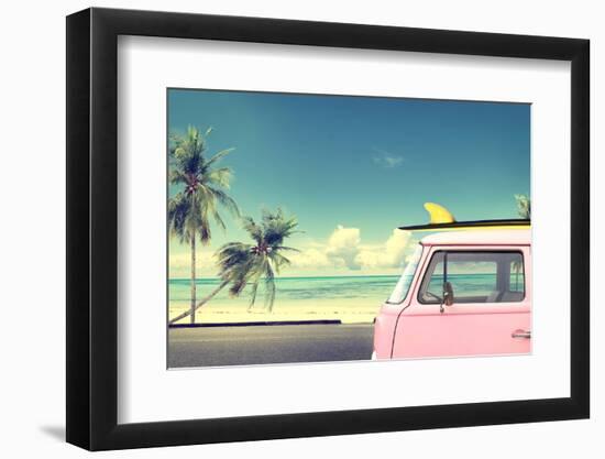 Vintage Car in the Beach with a Surfboard on the Roof-jakkapan-Framed Photographic Print