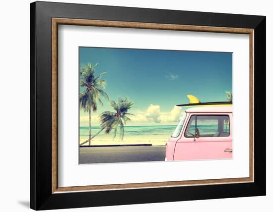 Vintage Car in the Beach with a Surfboard on the Roof-jakkapan-Framed Photographic Print