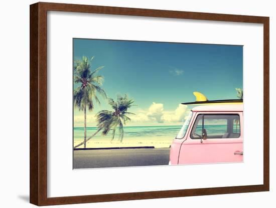 Vintage Car in the Beach with a Surfboard on the Roof-jakkapan-Framed Photographic Print