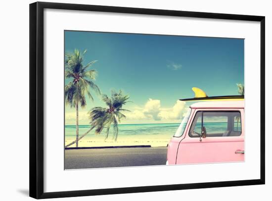 Vintage Car in the Beach with a Surfboard on the Roof-jakkapan-Framed Photographic Print