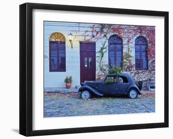 Vintage car on the cobblestone lane of the historic quarter, Colonia del Sacramento, Colonia Depart-Karol Kozlowski-Framed Photographic Print