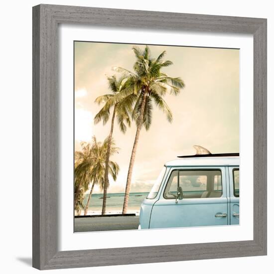 Vintage Car Parked on the Tropical Beach (Seaside) with a Surfboard on the Roof-jakkapan-Framed Premium Photographic Print