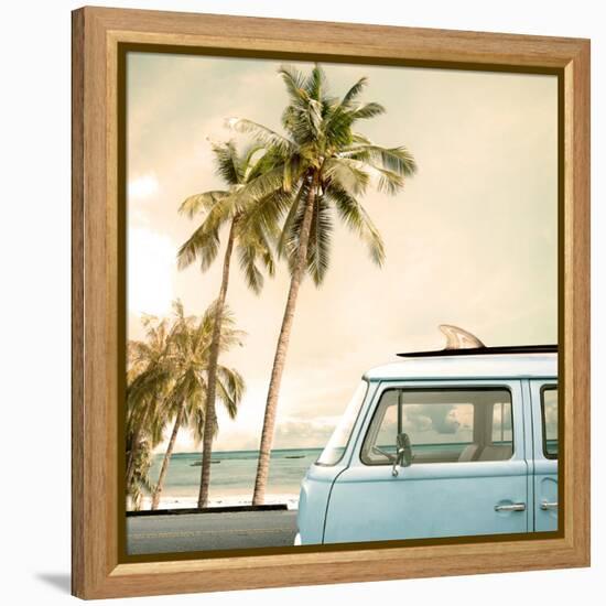 Vintage Car Parked on the Tropical Beach (Seaside) with a Surfboard on the Roof-jakkapan-Framed Stretched Canvas