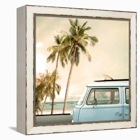 Vintage Car Parked on the Tropical Beach (Seaside) with a Surfboard on the Roof-jakkapan-Framed Stretched Canvas