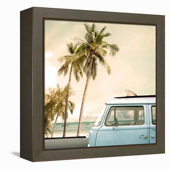 Vintage Car Parked on the Tropical Beach (Seaside) with a Surfboard on the Roof-jakkapan-Framed Stretched Canvas