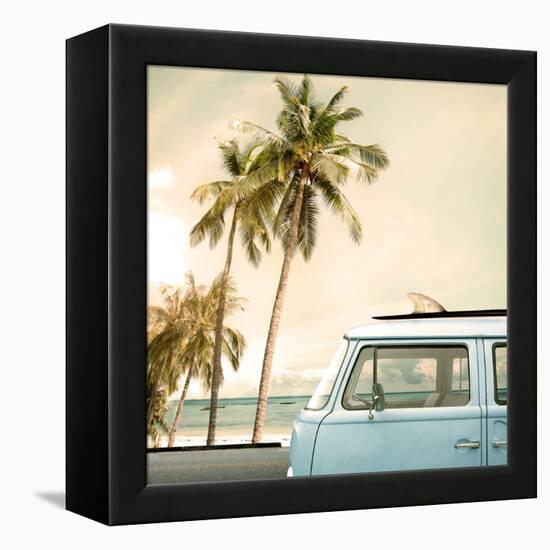 Vintage Car Parked on the Tropical Beach (Seaside) with a Surfboard on the Roof-jakkapan-Framed Stretched Canvas