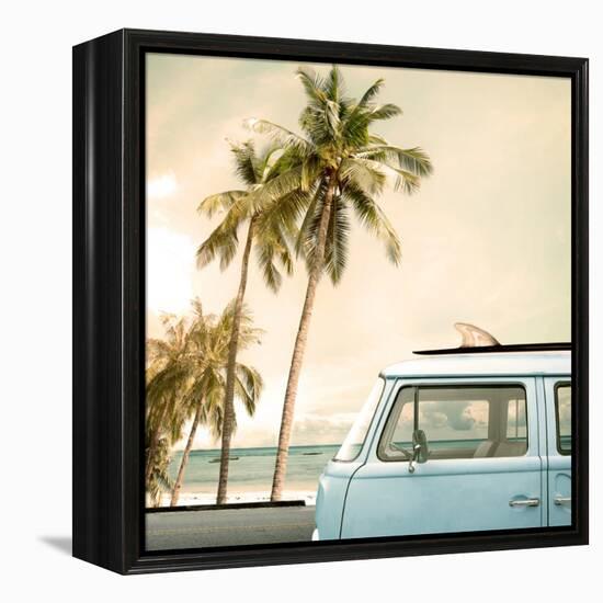 Vintage Car Parked on the Tropical Beach (Seaside) with a Surfboard on the Roof-jakkapan-Framed Stretched Canvas