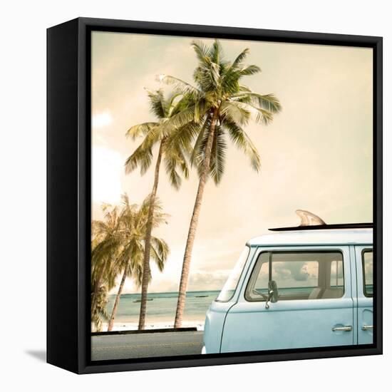 Vintage Car Parked on the Tropical Beach (Seaside) with a Surfboard on the Roof-jakkapan-Framed Stretched Canvas