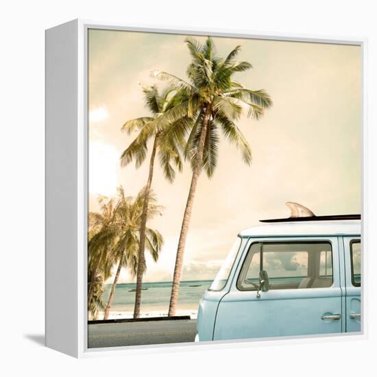 Vintage Car Parked on the Tropical Beach (Seaside) with a Surfboard on the Roof-jakkapan-Framed Stretched Canvas