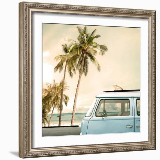 Vintage Car Parked on the Tropical Beach (Seaside) with a Surfboard on the Roof-jakkapan-Framed Photographic Print