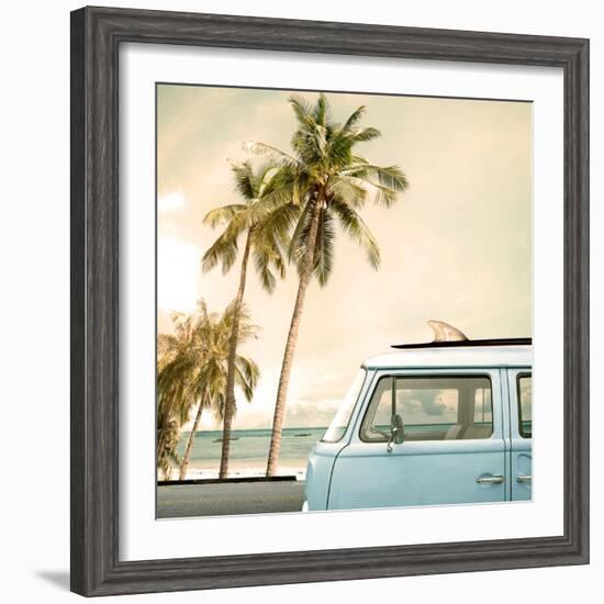 Vintage Car Parked on the Tropical Beach (Seaside) with a Surfboard on the Roof-jakkapan-Framed Photographic Print