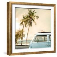 Vintage Car Parked on the Tropical Beach (Seaside) with a Surfboard on the Roof-jakkapan-Framed Photographic Print