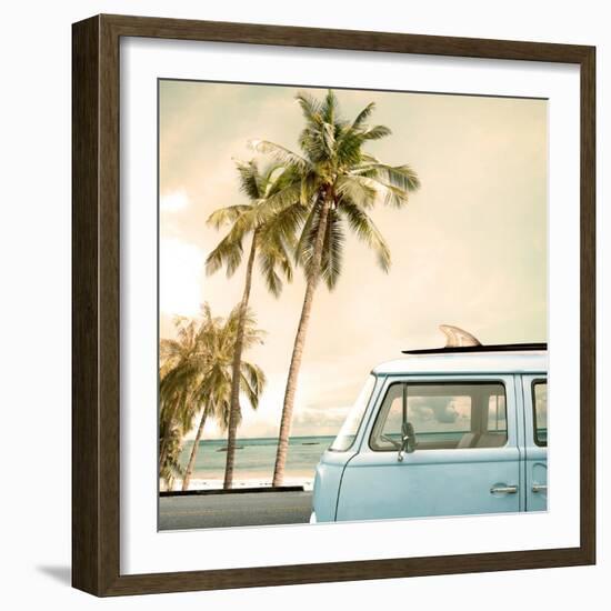 Vintage Car Parked on the Tropical Beach (Seaside) with a Surfboard on the Roof-jakkapan-Framed Photographic Print