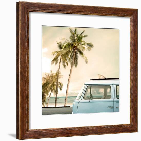 Vintage Car Parked on the Tropical Beach (Seaside) with a Surfboard on the Roof-jakkapan-Framed Photographic Print