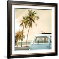 Vintage Car Parked on the Tropical Beach (Seaside) with a Surfboard on the Roof-jakkapan-Framed Photographic Print