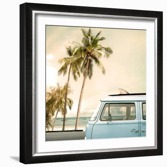 Vintage Car Parked on the Tropical Beach (Seaside) with a Surfboard on the Roof-jakkapan-Framed Photographic Print