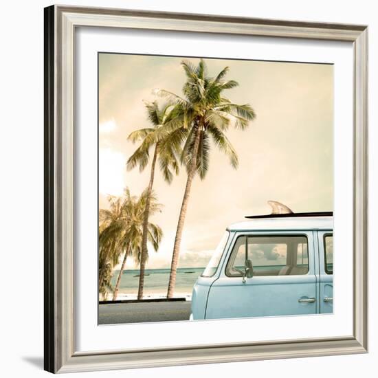 Vintage Car Parked on the Tropical Beach (Seaside) with a Surfboard on the Roof-jakkapan-Framed Photographic Print