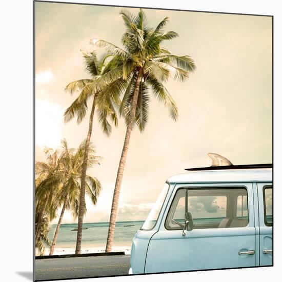 Vintage Car Parked on the Tropical Beach (Seaside) with a Surfboard on the Roof-jakkapan-Mounted Premium Photographic Print