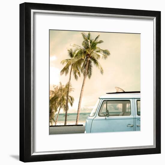 Vintage Car Parked on the Tropical Beach (Seaside) with a Surfboard on the Roof-jakkapan-Framed Photographic Print